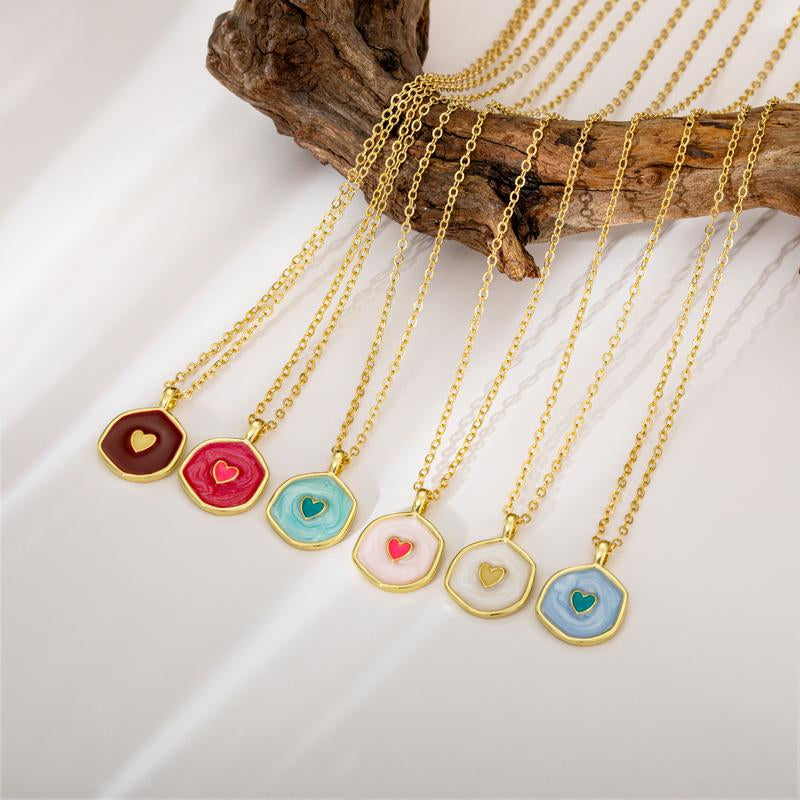 Tewiky Gold Irregular Two-Tone Glow-in-the-Dark Enamel Heart Coin Pendant Necklace - Fluorescent Night Glow Holiday Gift