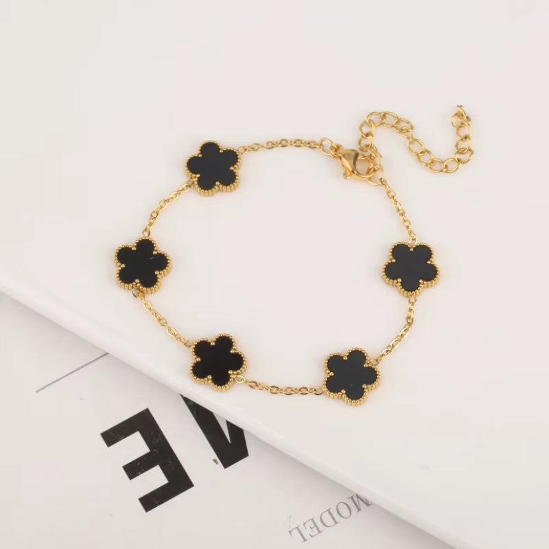Elevate Your Style with the Adjustable Stainless Steel Plant Clover Bracelet for Women - Trendy Five Leaf Flower Jewelry