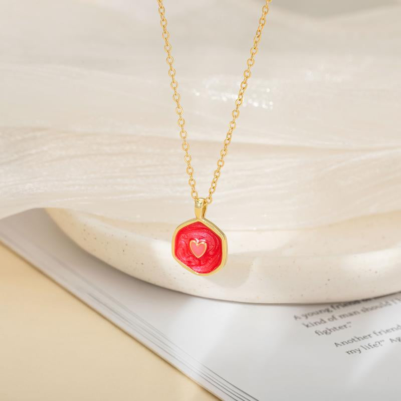 Tewiky Gold Irregular Two-Tone Glow-in-the-Dark Enamel Heart Coin Pendant Necklace - Fluorescent Night Glow Holiday Gift