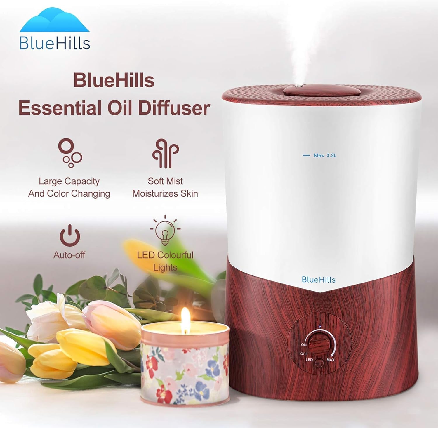 Premium 3000 ML Essential Oil Diffuser and Humidifier - 3 Liter Capacity Aromatherapy Diffuser for Large Rooms, Dark Wood Grain Finish