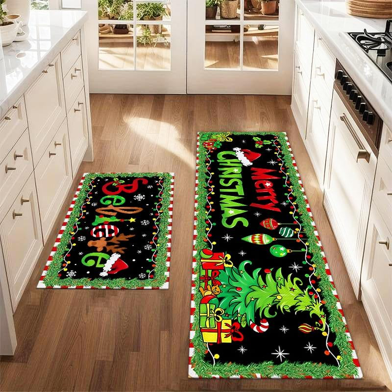 Festive 2-Piece Merry Christmas Tree Lights Floor Mat Set - Perfect for Your Farmhouse Kitchen and Dining Room!