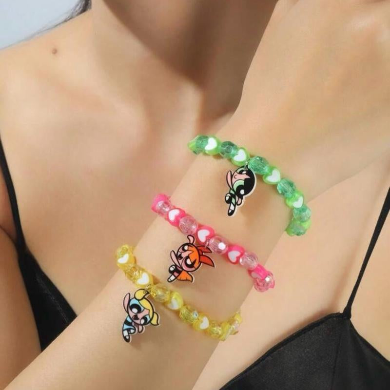 Powerpuff Girls 3-Piece Heart Beaded Bracelet Set Featuring Blossom, Bubbles, and Buttercup - Ideal for Valentine's Day and Mother's Day Gifts