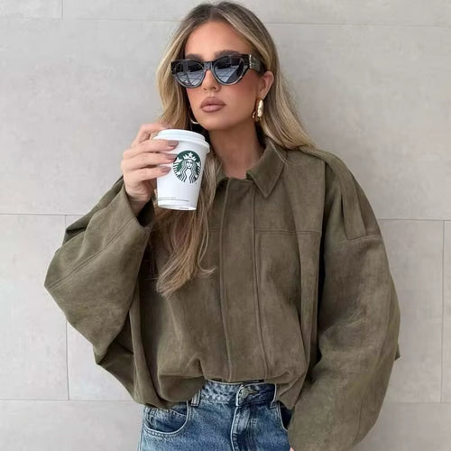 Chic 2025 Women's Suede Textured Bomber Jacket - Stylish Long Sleeve Lapel Coat for Casual Autumn/Winter Wear