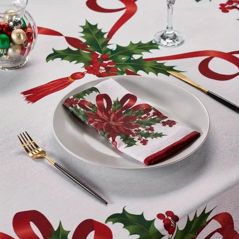 Rectangular Christmas Tablecloth featuring Poinsettia Design - Elegant Holiday Decor for Dinner Parties and Celebrations, Ideal for New Year Events