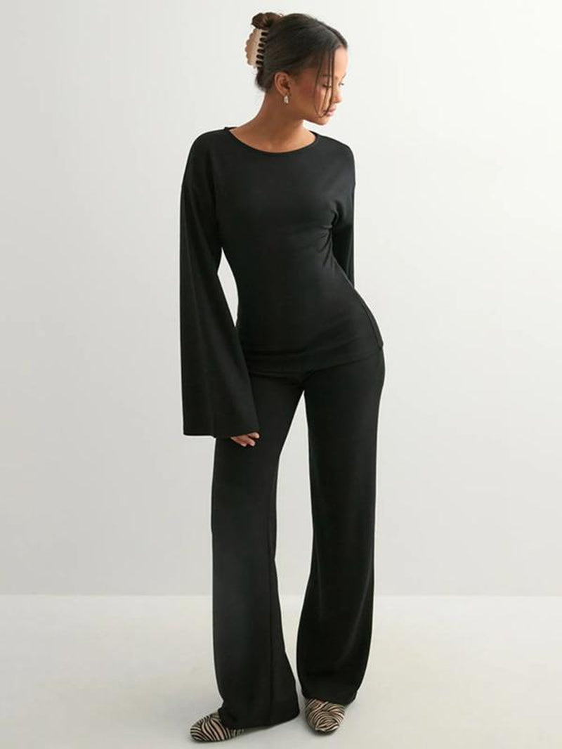 Elevate Your Fall Wardrobe with Our Chic Women's Round Neck Flare Sleeve Top & Elastic Waist Straight Leg Pants Set - Perfect for Casual Daily Wear!