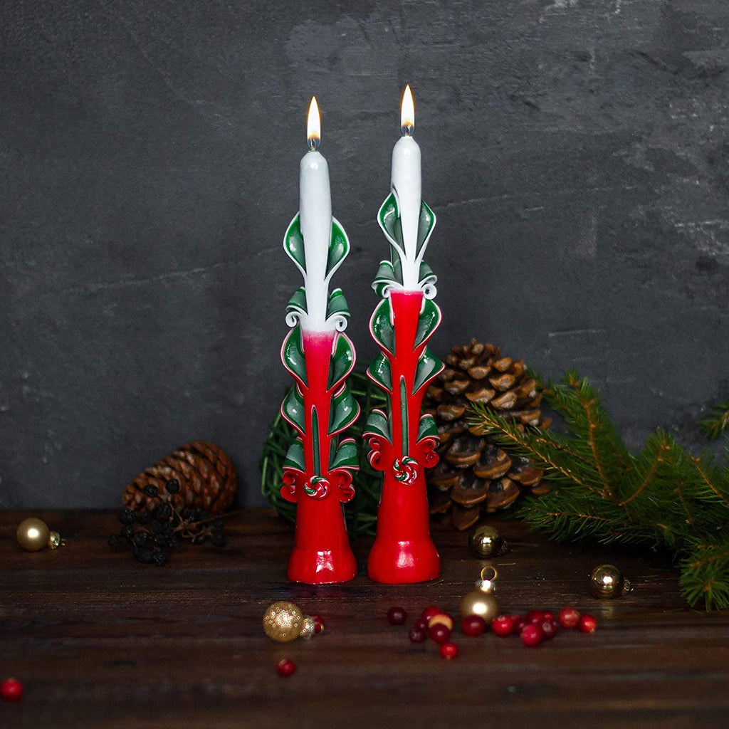 Enchanting Hand-Carved Taper Candles - Set of 2 Festive Red and Green 9-Inch Christmas Candles for a Cozy Holiday Ambiance