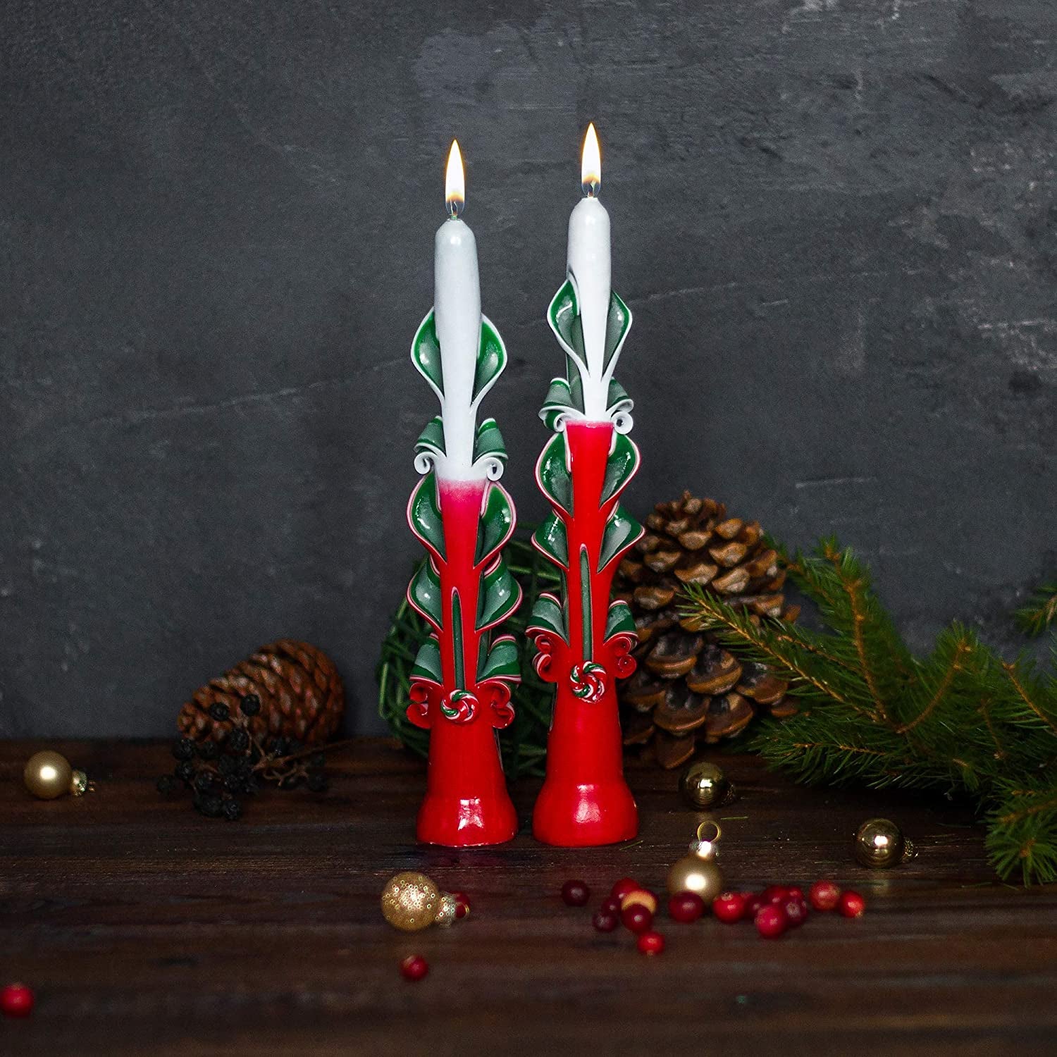 Enchanting Hand-Carved Taper Candles - Set of 2 Festive Red and Green 9-Inch Christmas Candles for a Cozy Holiday Ambiance