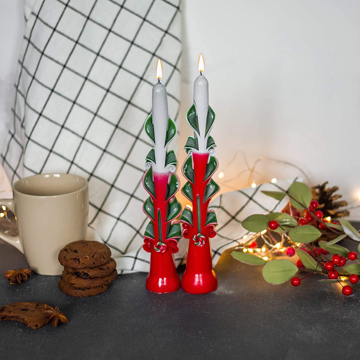 Enchanting Hand-Carved Taper Candles - Set of 2 Festive Red and Green 9-Inch Christmas Candles for a Cozy Holiday Ambiance