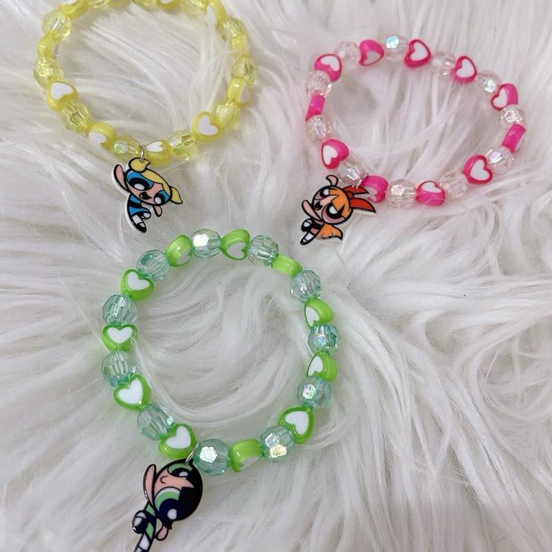Powerpuff Girls 3-Piece Heart Beaded Bracelet Set Featuring Blossom, Bubbles, and Buttercup - Ideal for Valentine's Day and Mother's Day Gifts
