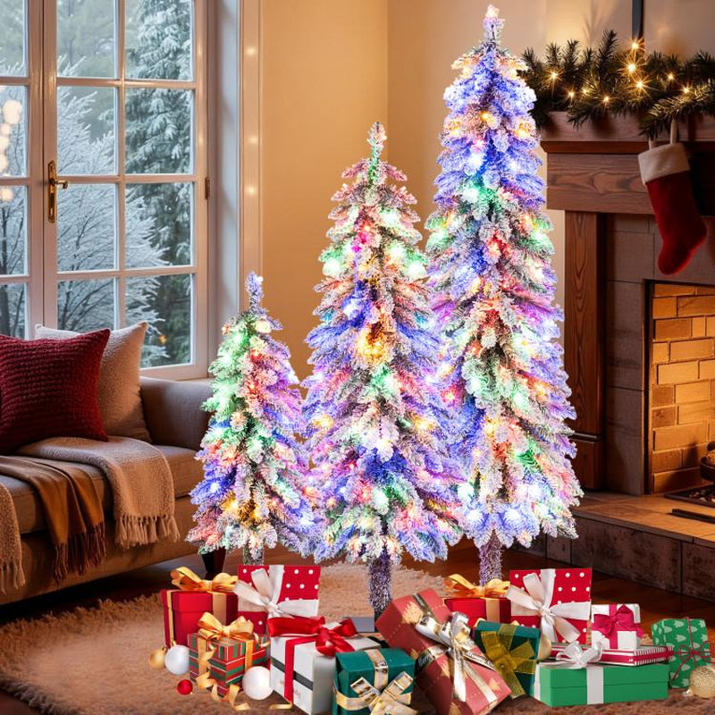COSTWAY Pre-Lit Snow Flocked Slim Pencil Christmas Tree with Multi-Color and Warm White LED Lights for Holiday Decoration