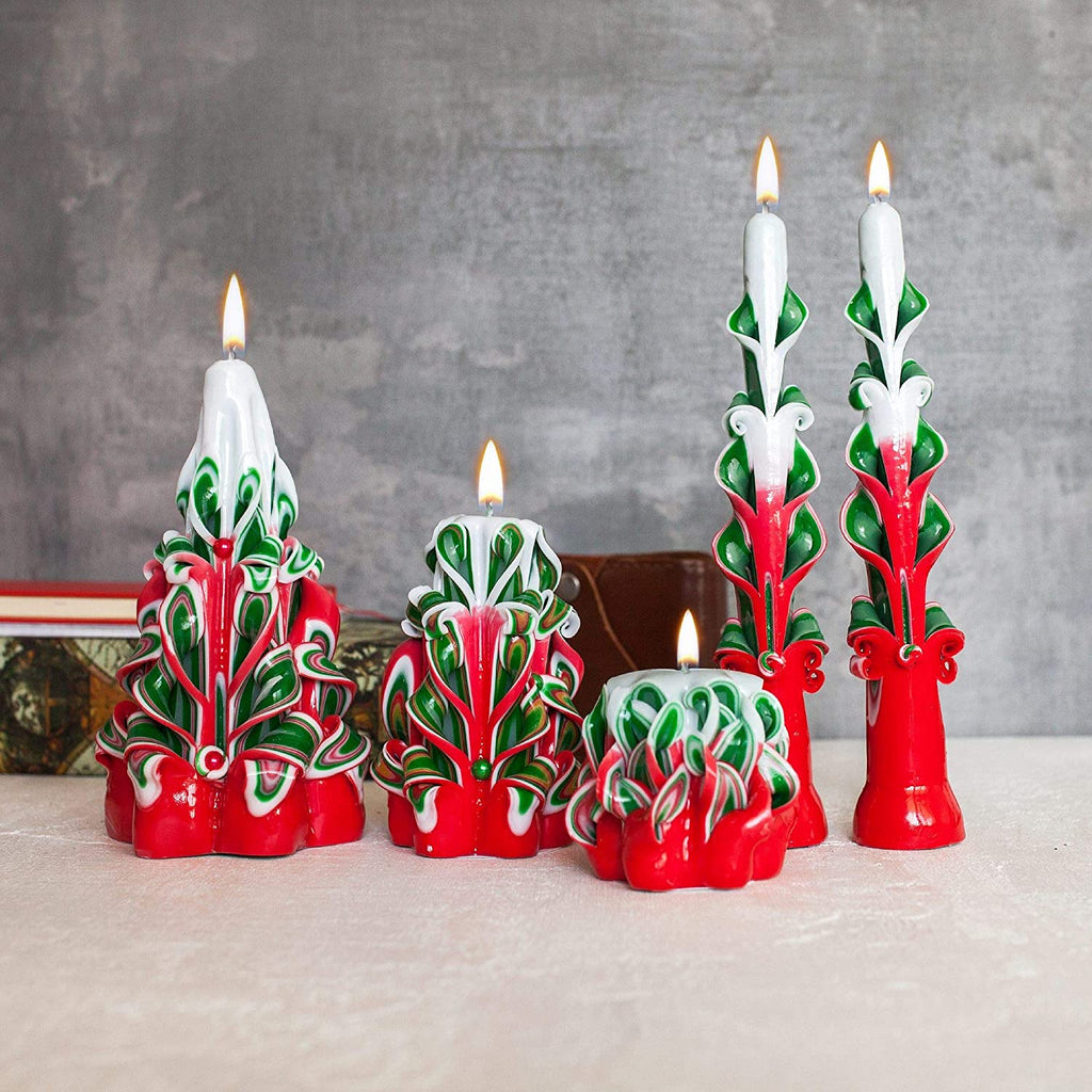 Enchanting Hand-Carved Taper Candles - Set of 2 Festive Red and Green 9-Inch Christmas Candles for a Cozy Holiday Ambiance