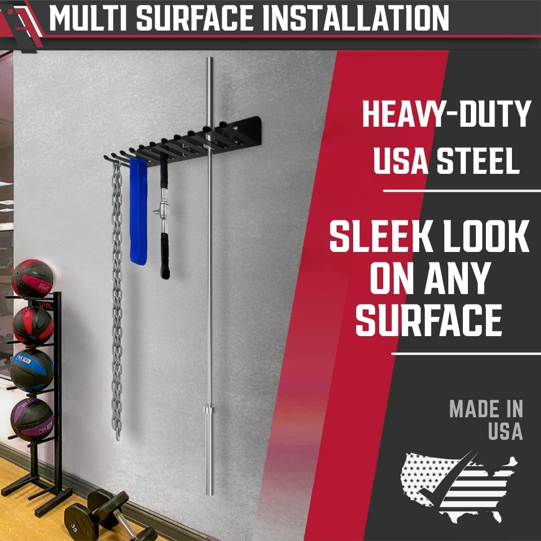 USA Omega Beast Heavy-Duty Gym Storage Rack with 11 Hooks - Wall Organizer for Resistance Bands, Jump Ropes, Barbells, Lifting Belts, and Cable Attachments