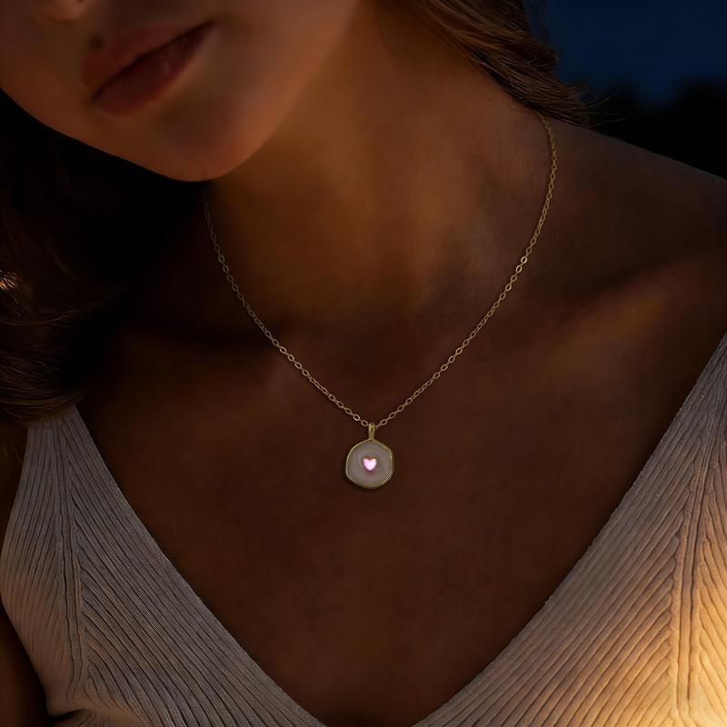 Tewiky Gold Irregular Two-Tone Glow-in-the-Dark Enamel Heart Coin Pendant Necklace - Fluorescent Night Glow Holiday Gift