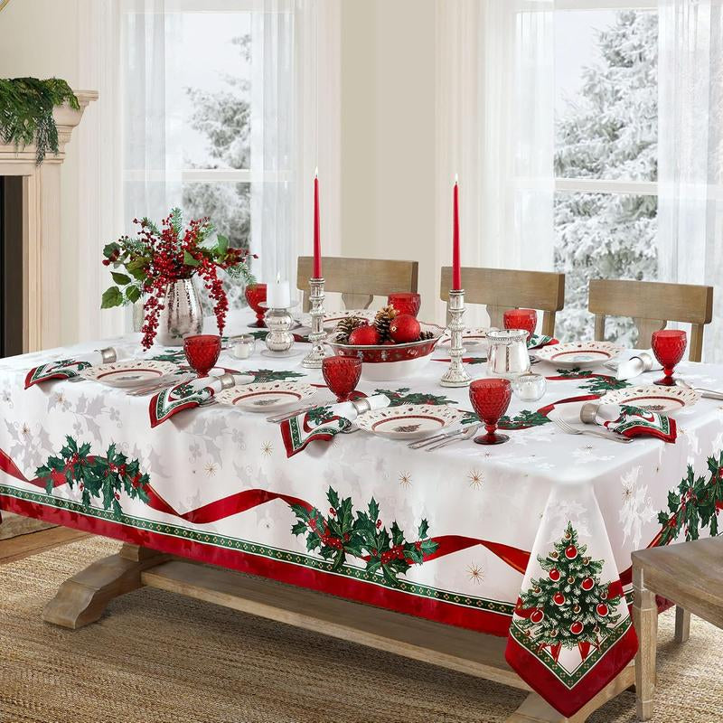 Rectangular Christmas Tablecloth featuring Poinsettia Design - Elegant Holiday Decor for Dinner Parties and Celebrations, Ideal for New Year Events