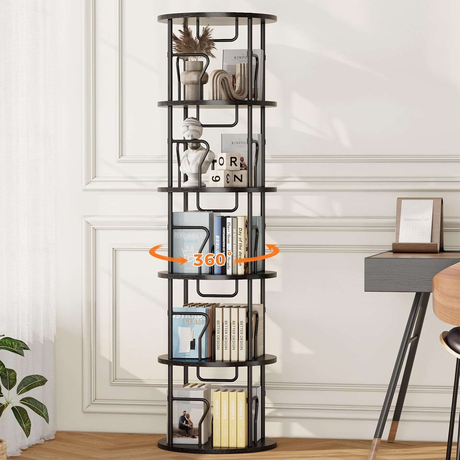 5-Tier Rotating Bookshelf Tower with 360° Display, Floor-Standing Design