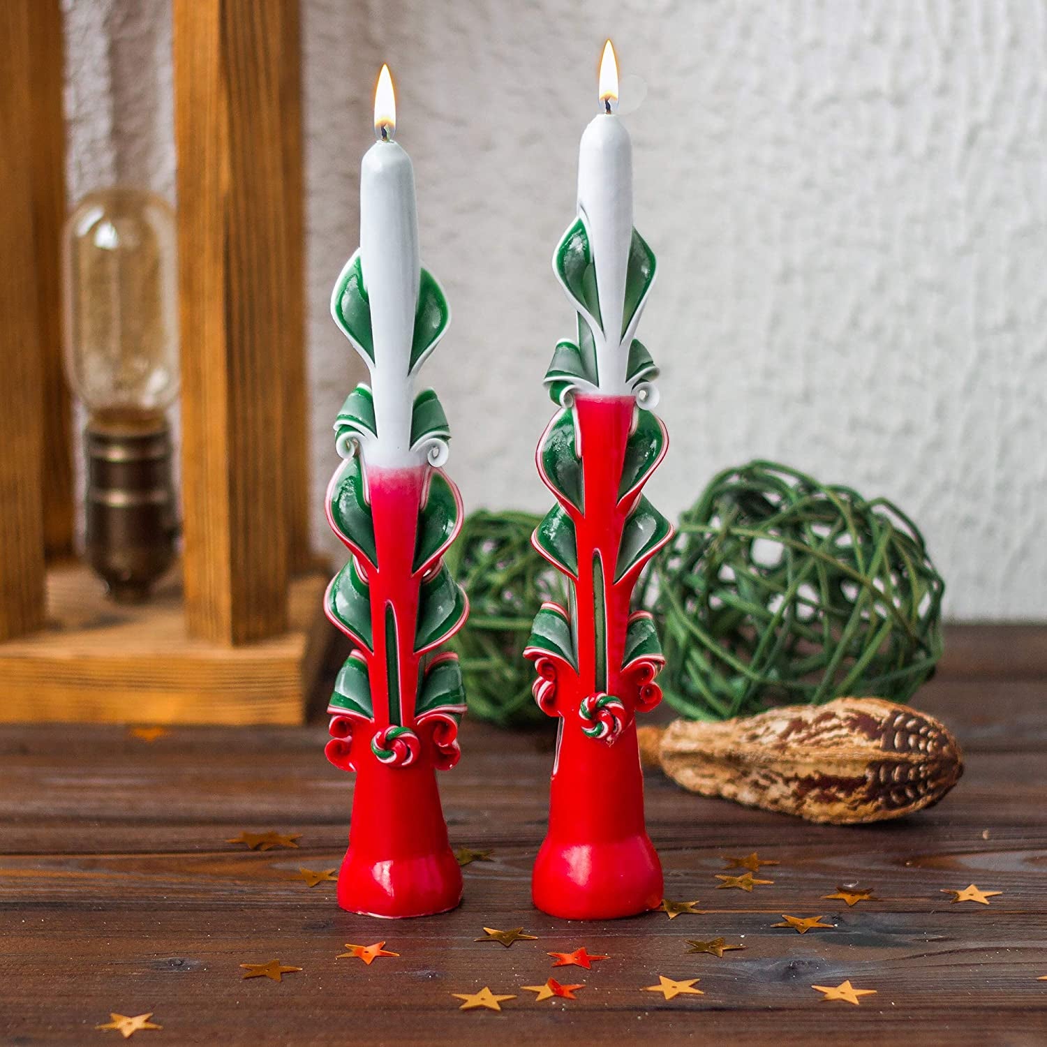 Enchanting Hand-Carved Taper Candles - Set of 2 Festive Red and Green 9-Inch Christmas Candles for a Cozy Holiday Ambiance