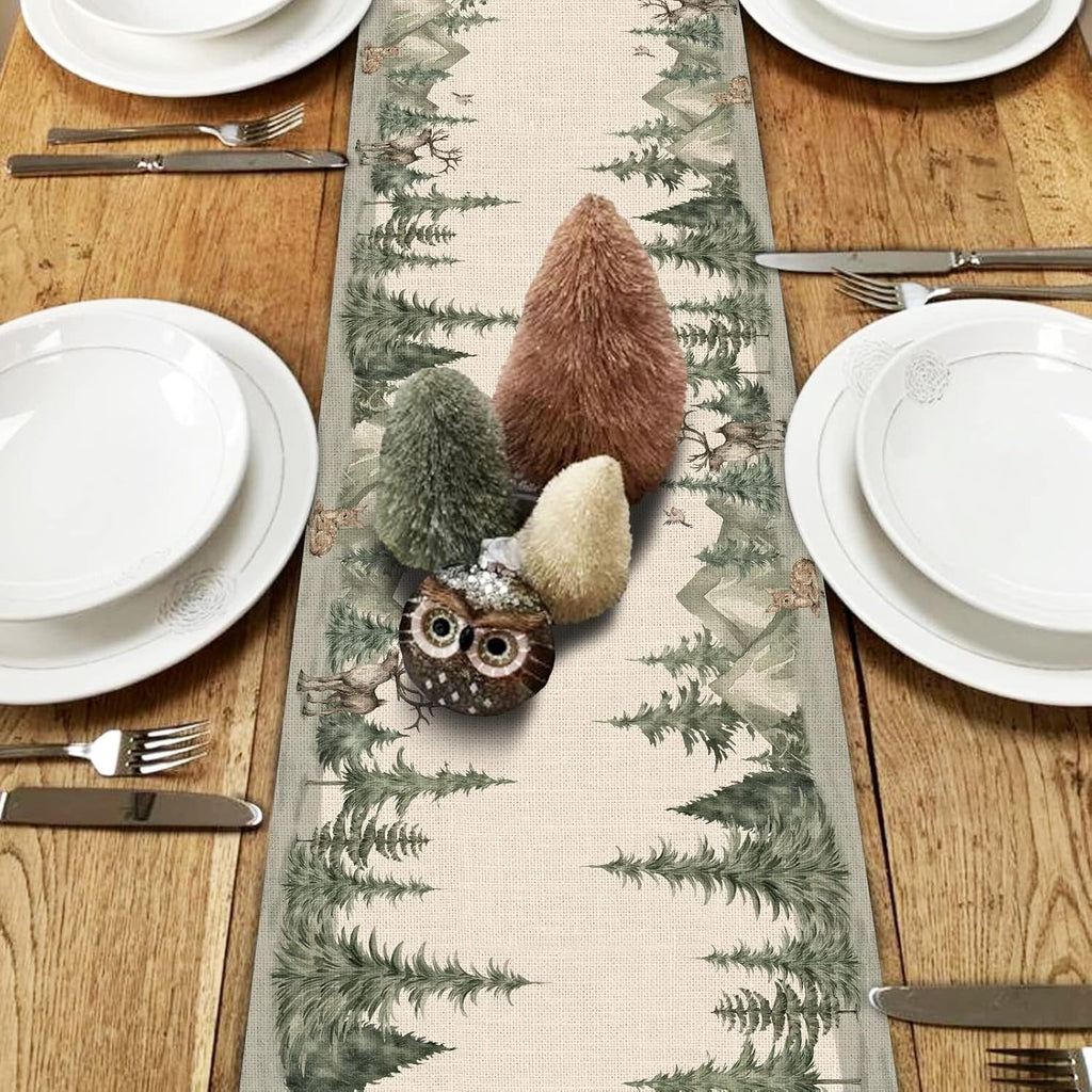 Winter Forest Reindeer Table Runner - Burlap Christmas Home Decor 13X108