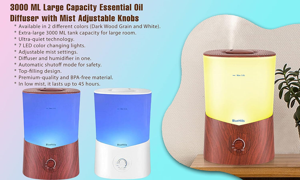 Premium 3000 ML Essential Oil Diffuser and Humidifier - 3 Liter Capacity Aromatherapy Diffuser for Large Rooms, Dark Wood Grain Finish