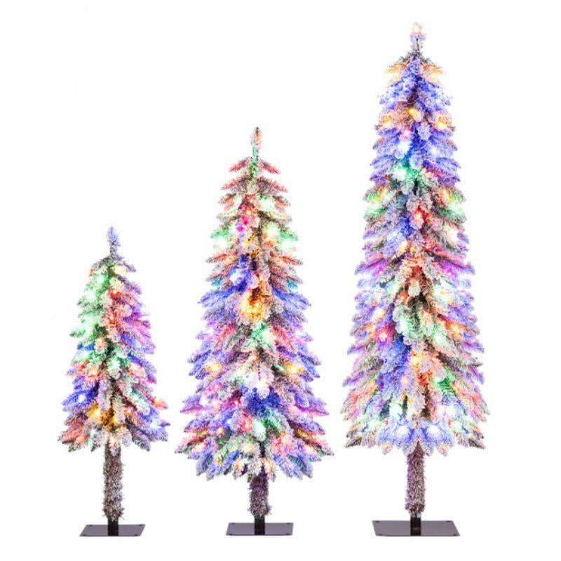 COSTWAY Pre-Lit Snow Flocked Slim Pencil Christmas Tree with Multi-Color and Warm White LED Lights for Holiday Decoration