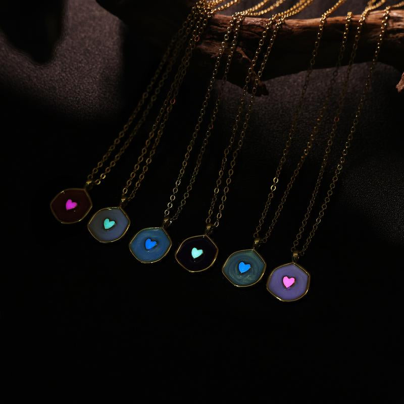 Tewiky Gold Irregular Two-Tone Glow-in-the-Dark Enamel Heart Coin Pendant Necklace - Fluorescent Night Glow Holiday Gift