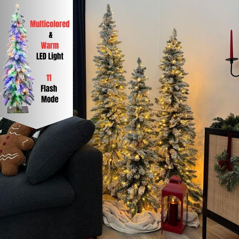 COSTWAY Pre-Lit Snow Flocked Slim Pencil Christmas Tree with Multi-Color and Warm White LED Lights for Holiday Decoration