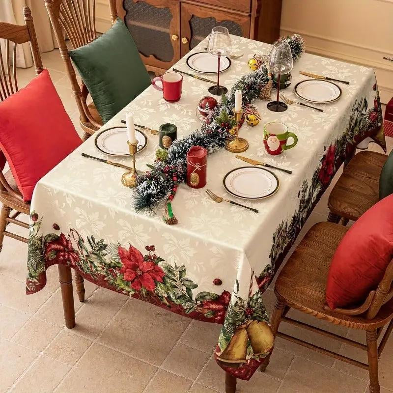 Rectangular Christmas Tablecloth featuring Poinsettia Design - Elegant Holiday Decor for Dinner Parties and Celebrations, Ideal for New Year Events