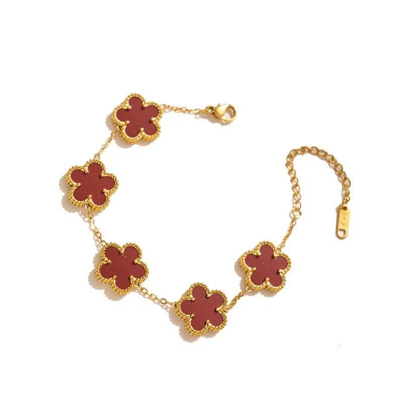 Elevate Your Style with the Adjustable Stainless Steel Plant Clover Bracelet for Women - Trendy Five Leaf Flower Jewelry