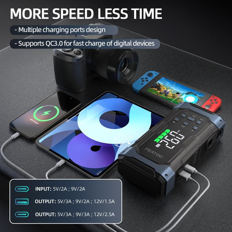 9000A Portable Car Battery Jump Starter and Air Compressor Combo, 7-in-1 Power Pack for Gas and Diesel Vehicles with Large LCD Screen