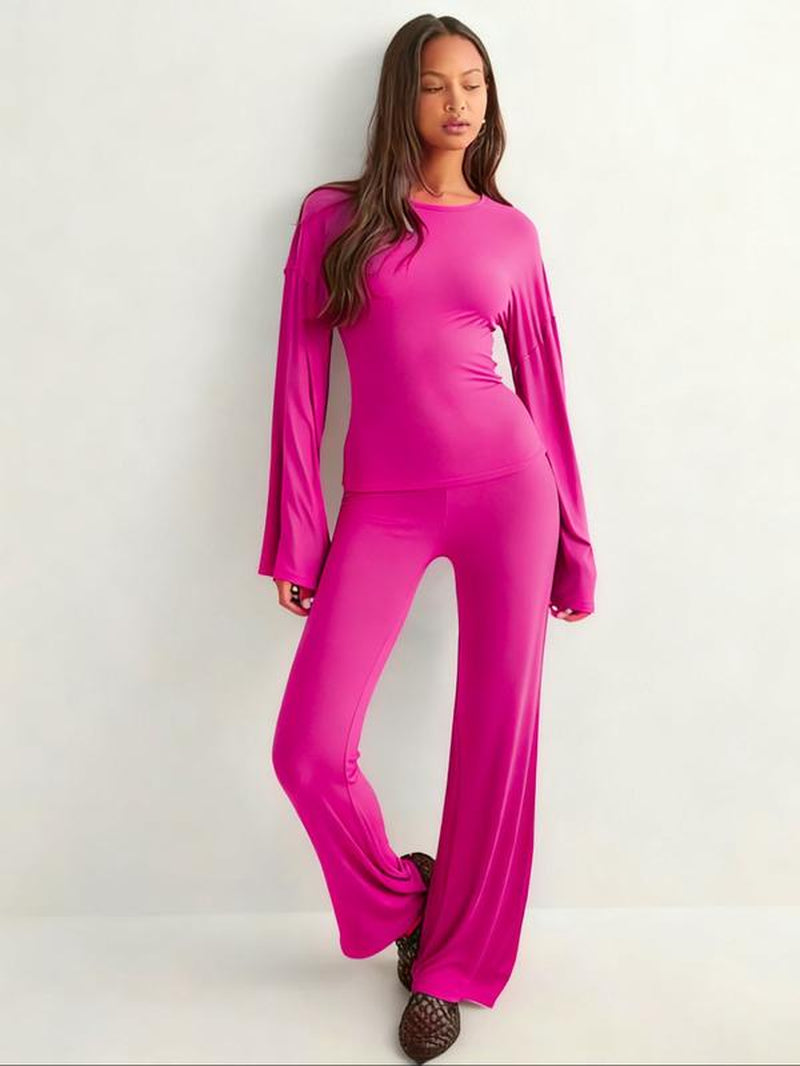 Elevate Your Fall Wardrobe with Our Chic Women's Round Neck Flare Sleeve Top & Elastic Waist Straight Leg Pants Set - Perfect for Casual Daily Wear!