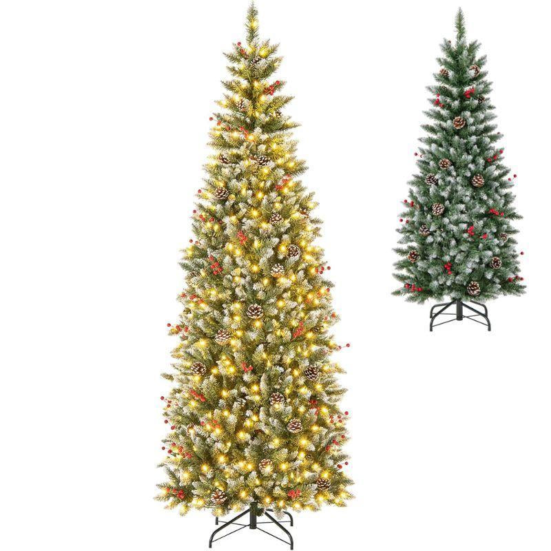 COSTWAY Pre-Lit Snow Flocked Slim Pencil Christmas Tree with Multi-Color and Warm White LED Lights for Holiday Decoration