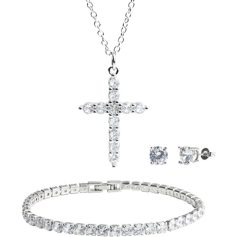 Freinit 3-Piece Jewelry Set: 14K Gold Crown Cross Pendant Necklace, Gold-Plated Cubic Zirconia Tennis Bracelet, and Stud Earrings - Ideal Gift for Christmas, Valentine's Day, and Special Occasions for Women
