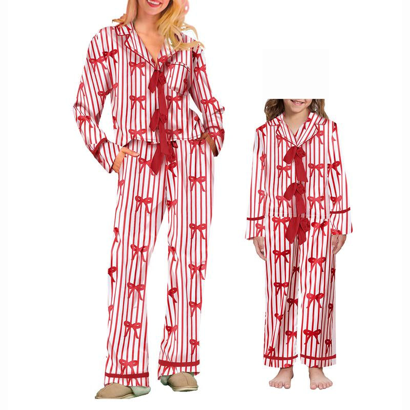 FOCUSNORM Matching Mommy and Me Christmas Pajama Sets with Bow Tie Long Sleeve Shirt and Pants for Women and Girls