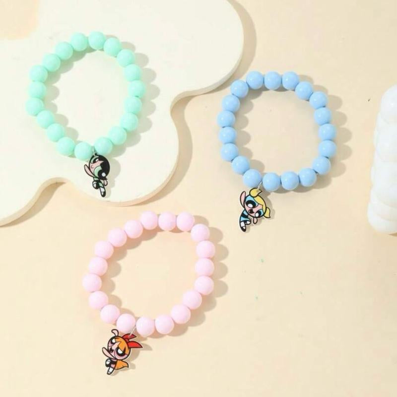 Powerpuff Girls 3-Piece Heart Beaded Bracelet Set Featuring Blossom, Bubbles, and Buttercup - Ideal for Valentine's Day and Mother's Day Gifts
