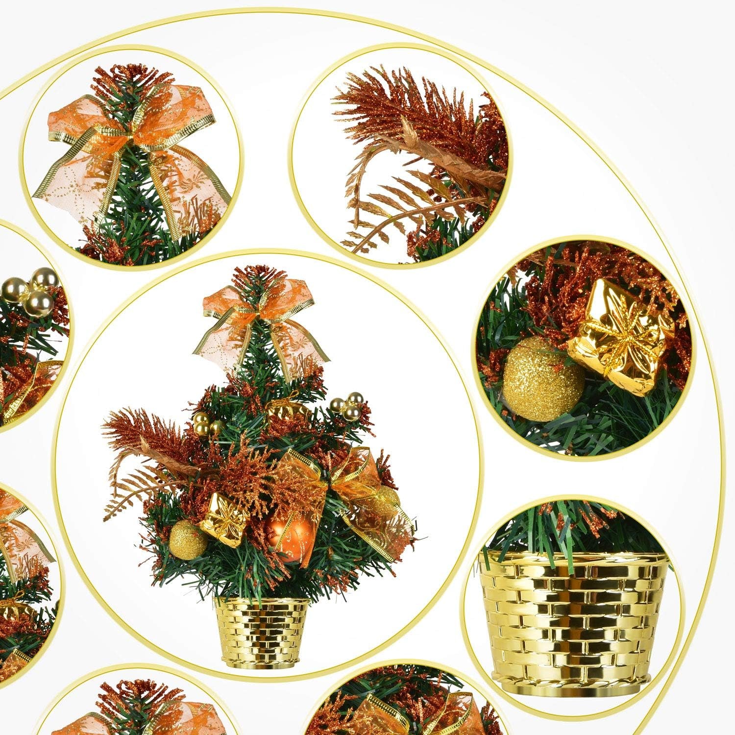 Mini Potted Christmas Tree - PVC Tabletop Pine Ornament for Holiday Decorations (Gold)