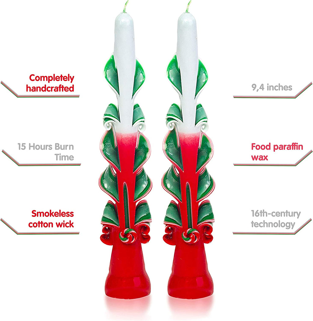 Enchanting Hand-Carved Taper Candles - Set of 2 Festive Red and Green 9-Inch Christmas Candles for a Cozy Holiday Ambiance