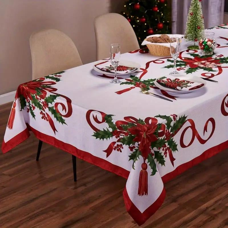 Rectangular Christmas Tablecloth featuring Poinsettia Design - Elegant Holiday Decor for Dinner Parties and Celebrations, Ideal for New Year Events